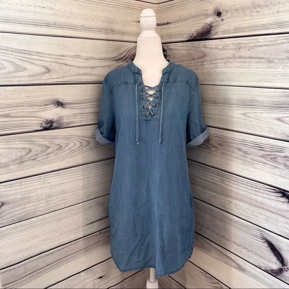 Philosophy Denim Short Sleeve Lace Up Shift Shirt Dress Size Small